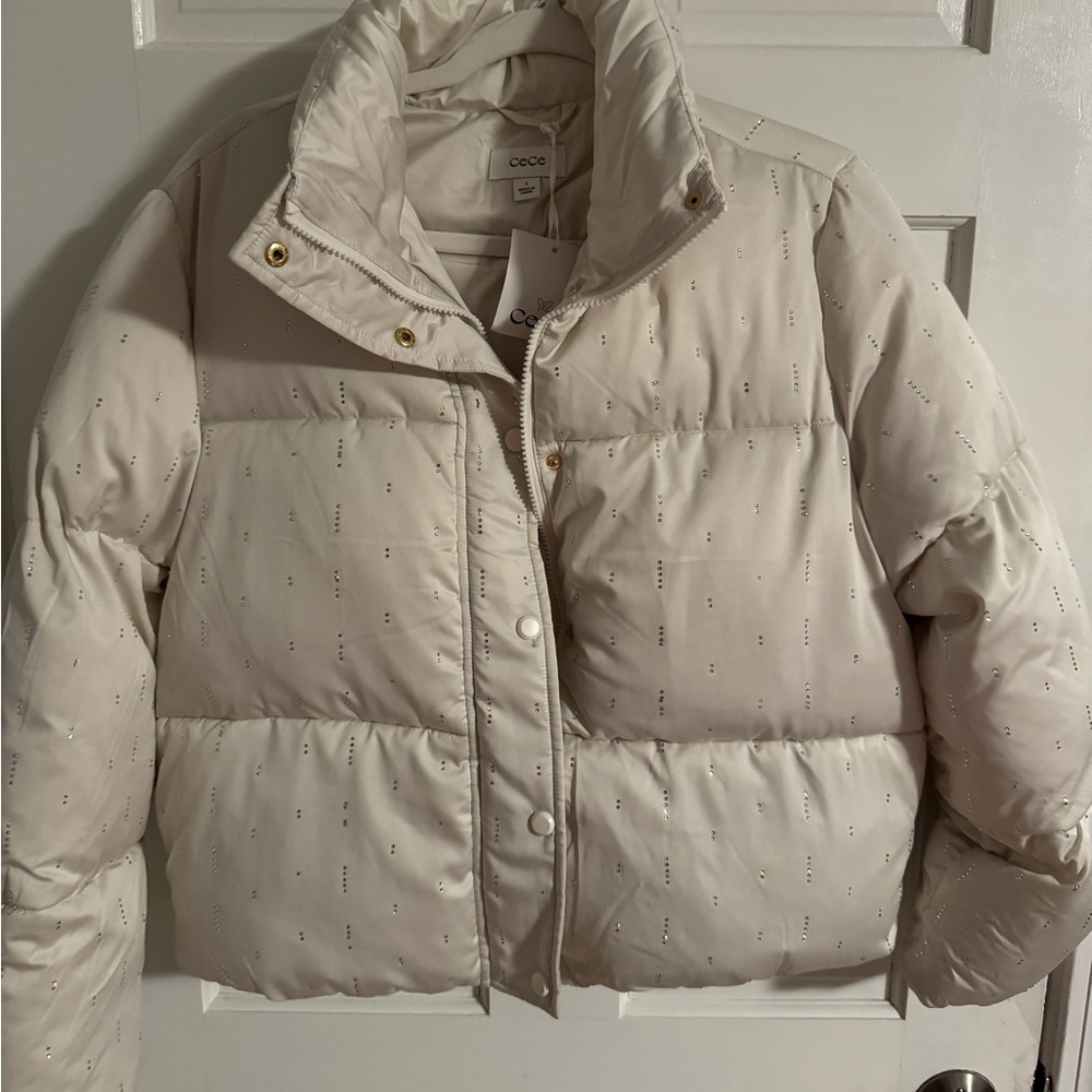 CeCe Women's Light Beige Quilted Puffer Jacket with Rhinestones